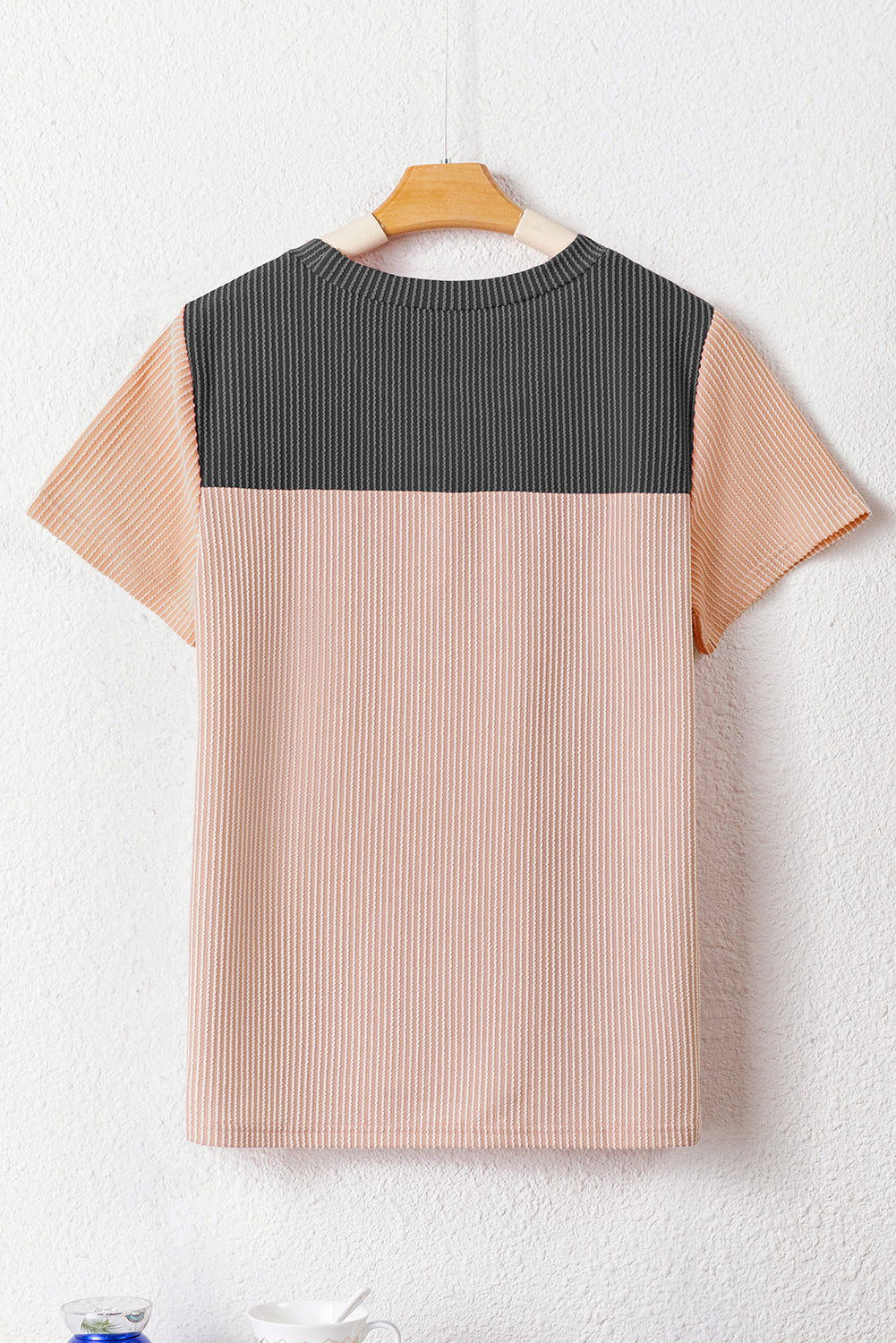 Ribbed Knit Textured Colorblock Short Sleeve Top