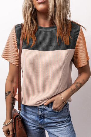 Ribbed Knit Textured Colorblock Short Sleeve Top