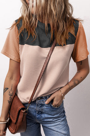 Ribbed Knit Textured Colorblock Short Sleeve Top