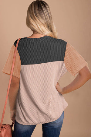 Ribbed Knit Textured Colorblock Short Sleeve Top