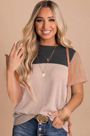 Ribbed Knit Textured Colorblock Short Sleeve Top