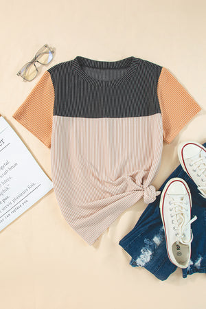 Ribbed Knit Textured Colorblock Short Sleeve Top