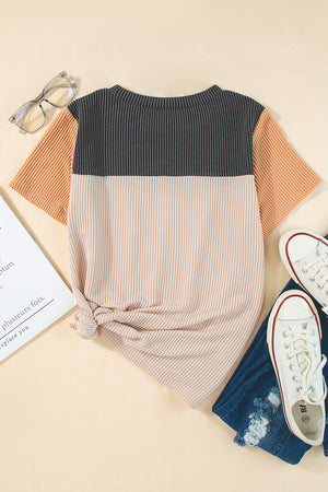 Ribbed Knit Textured Colorblock Short Sleeve Top