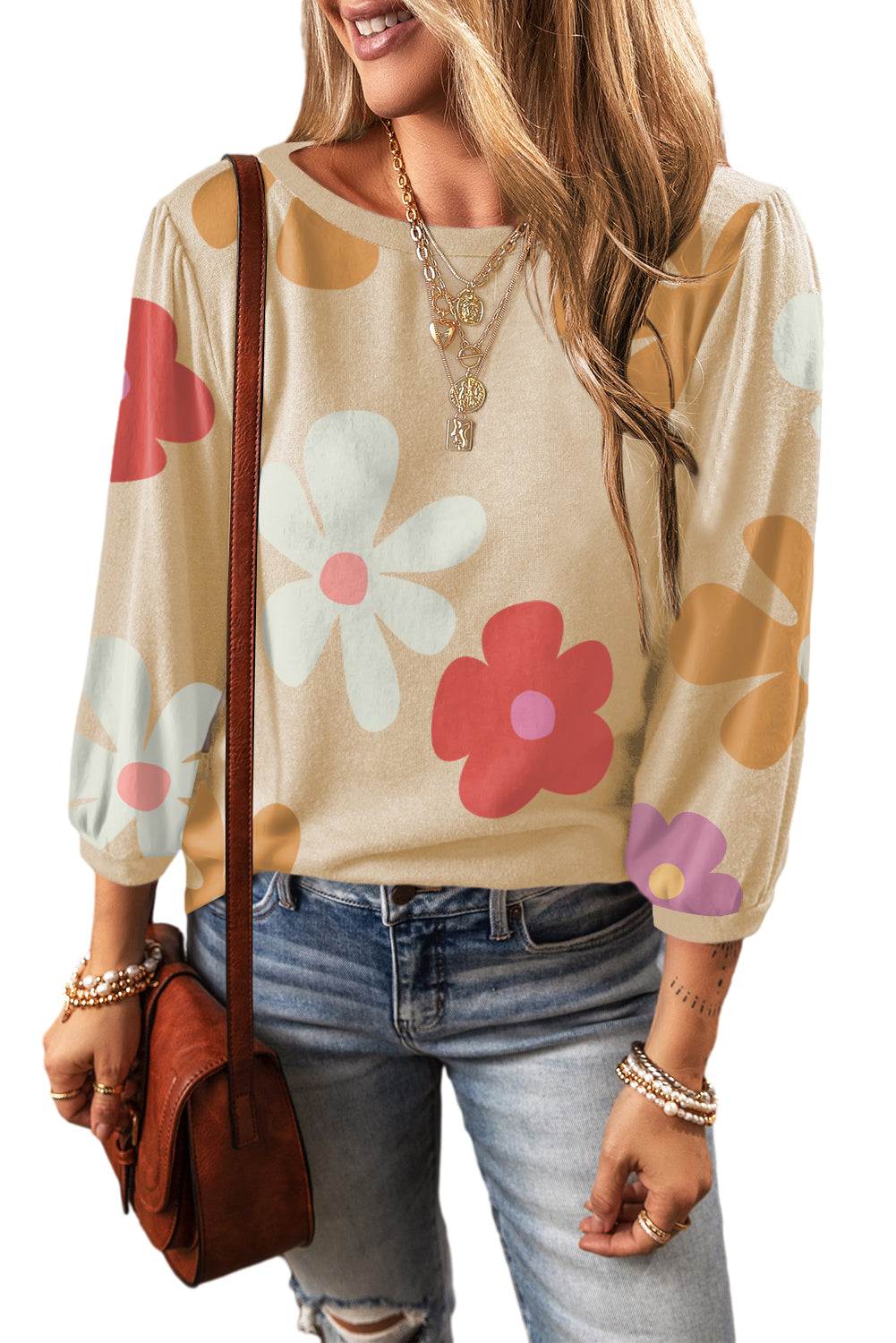 Groovy Floral Print Cuffed Sleeve Top