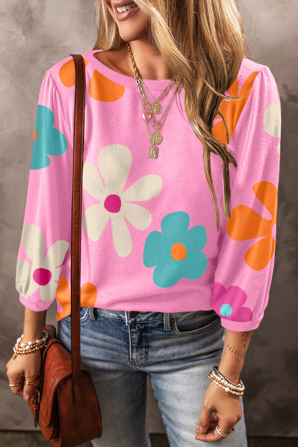 Groovy Floral Print Cuffed Sleeve Top