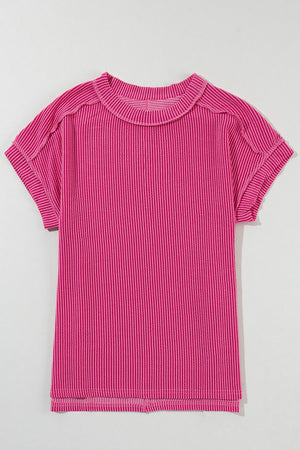 Textured Ribbed Knit Exposed Stitching Top