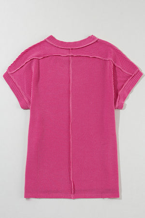 Textured Ribbed Knit Exposed Stitching Top