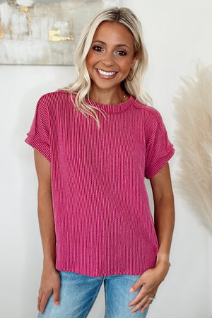 Textured Ribbed Knit Exposed Stitching Top