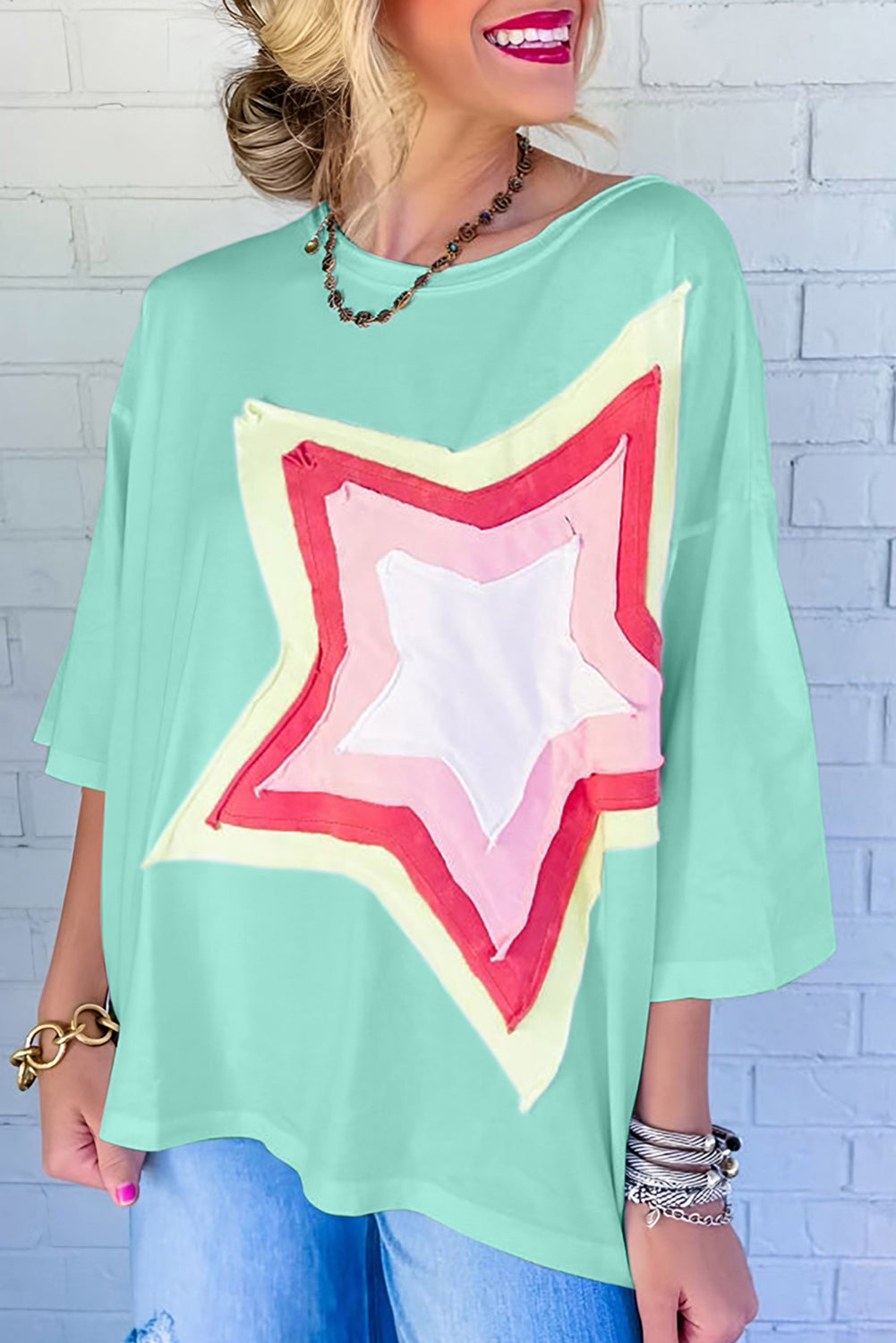 Blooming Star Patchwork Oversized Tee Shirt Top