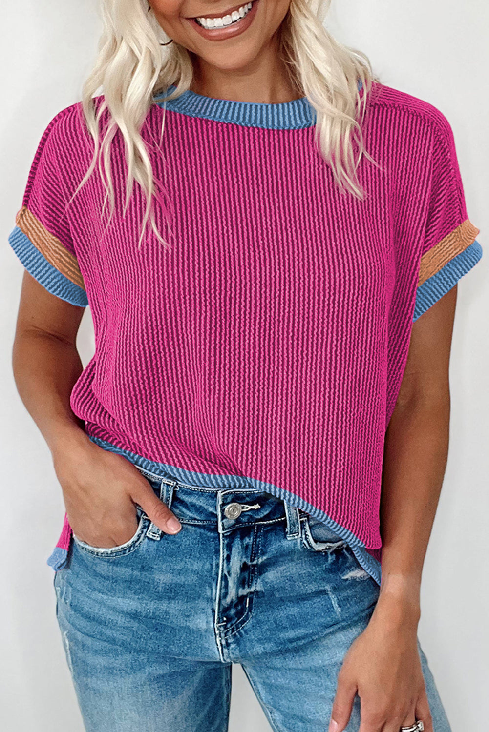 Textured Ribbed Knit Colorblock Contrast Trim Top