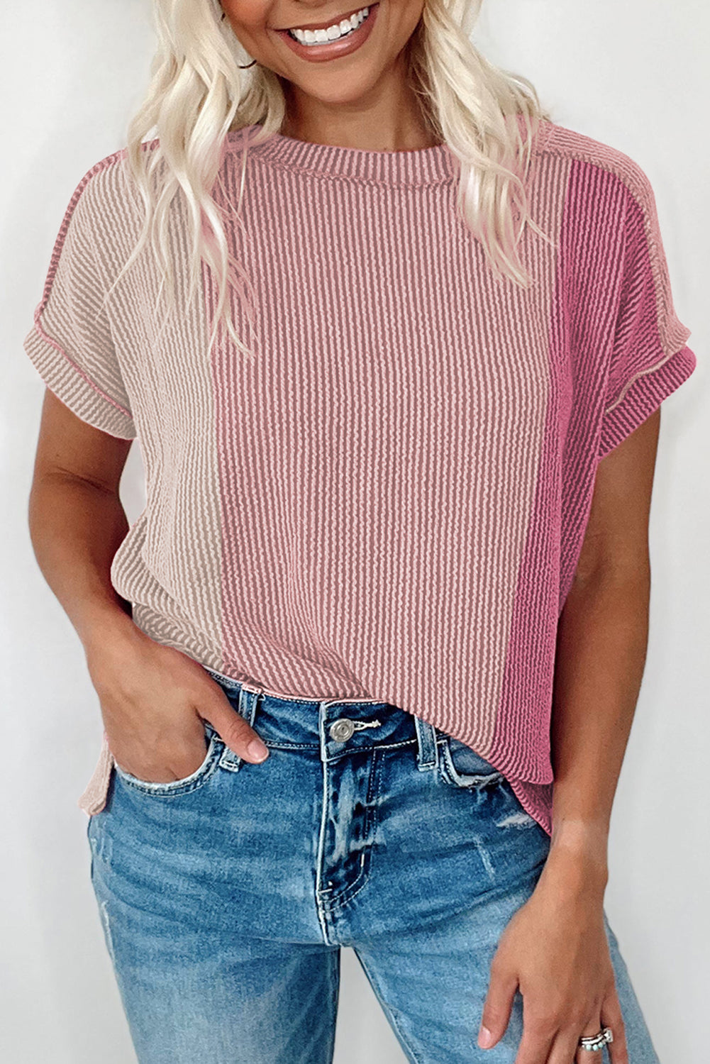 Ribbed Knit Textured Colorblock T-Shirt Top