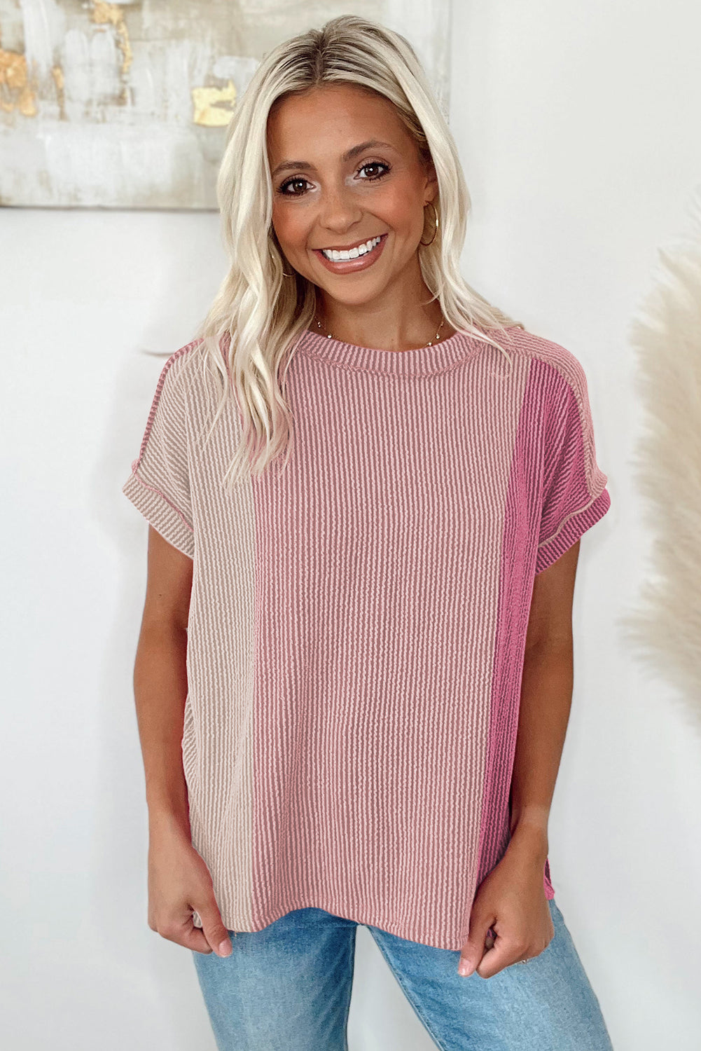 Ribbed Knit Textured Colorblock T-Shirt Top