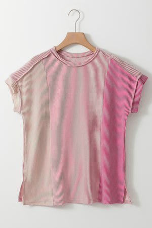 Ribbed Knit Textured Colorblock T-Shirt Top