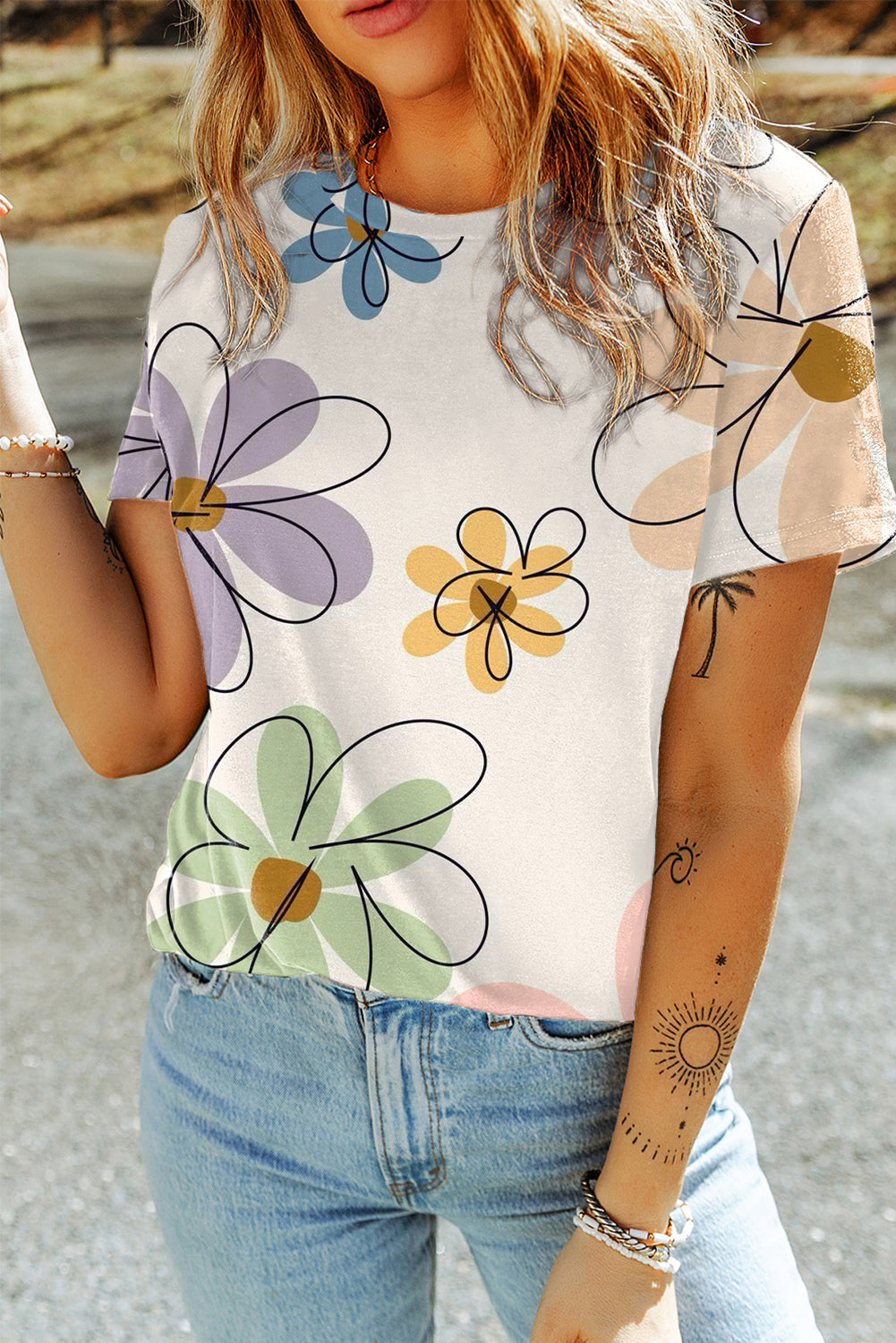 Etched Floral Print Short Sleeve Top