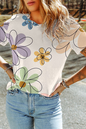 Etched Floral Print Short Sleeve Top