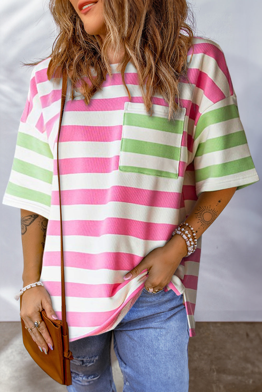 Contrasting Striped Patch Pocket Top