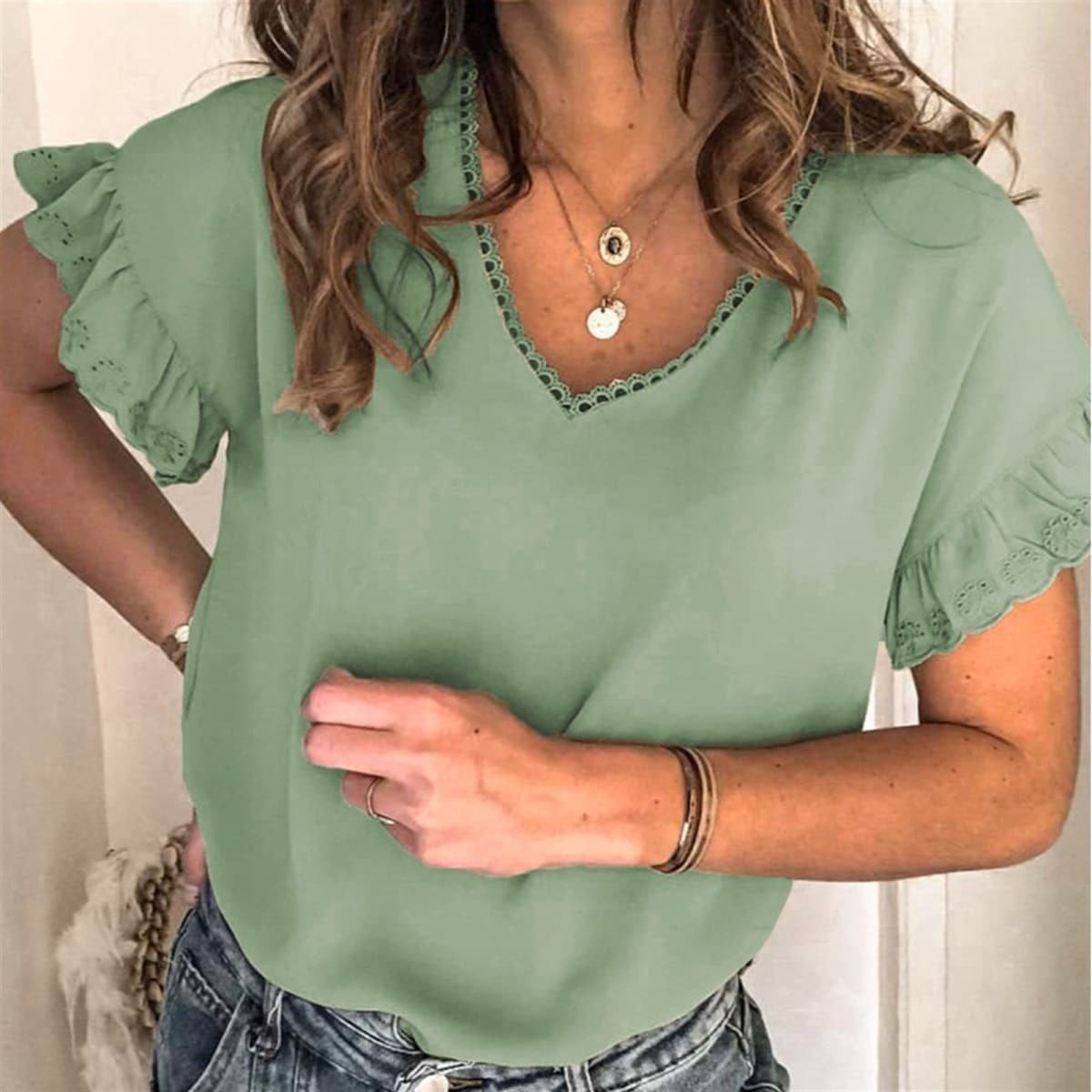 Eyelet Ruffle Sleeve Top