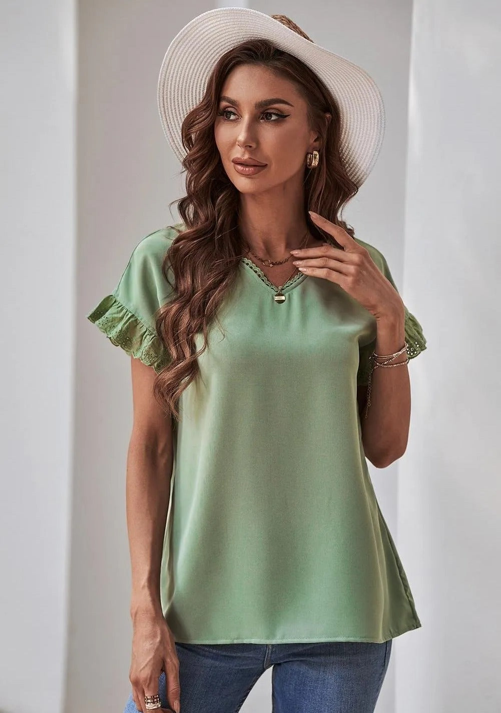 Eyelet Ruffle Sleeve Top