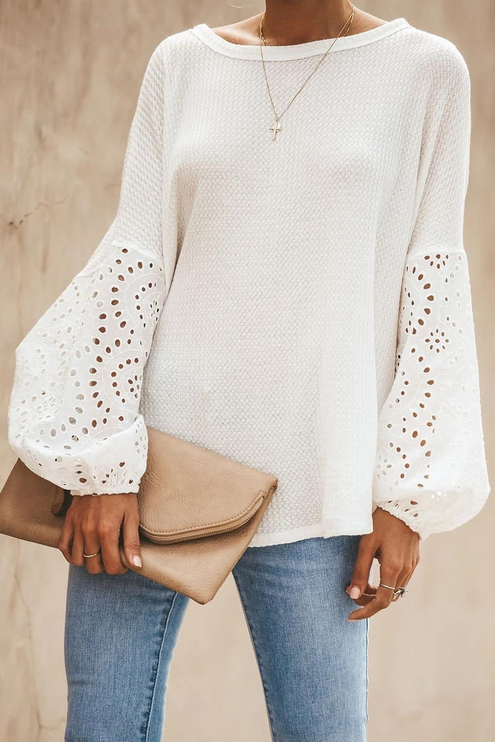 Waffle Eyelet Puff Sleeve Top