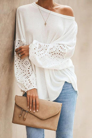 Waffle Eyelet Puff Sleeve Top