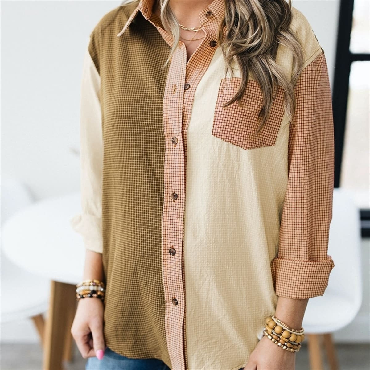 Colorblock Buttoned Plaid Shirt