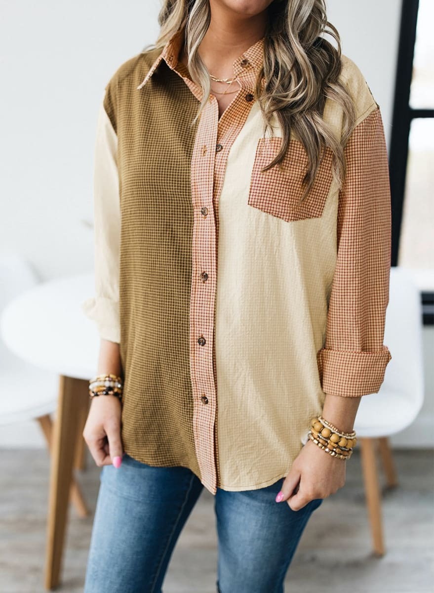 Colorblock Buttoned Plaid Shirt