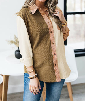 Colorblock Buttoned Plaid Shirt