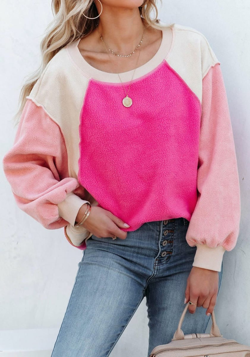 Pink Colorblock Pullover Fleece Top