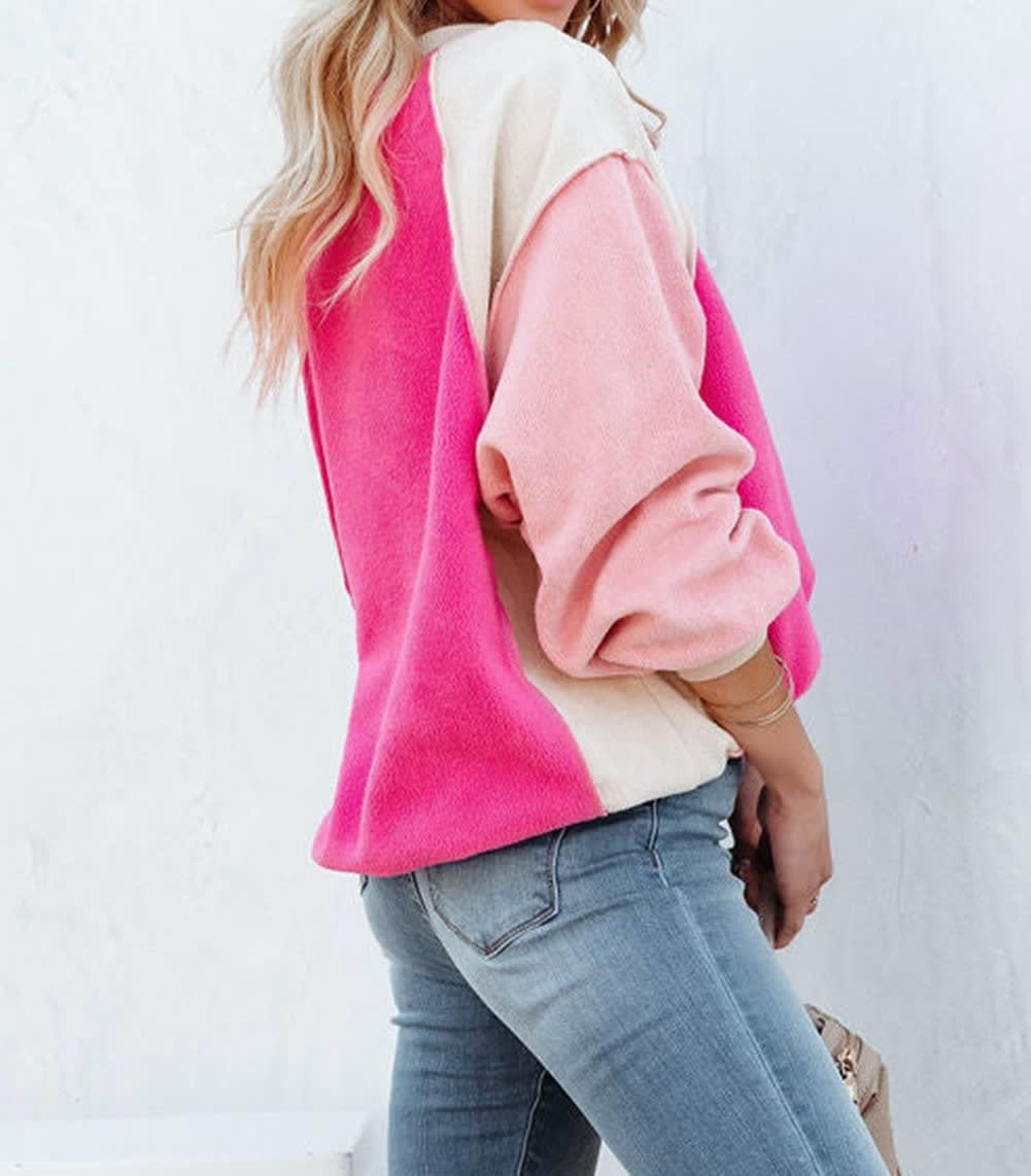 Pink Colorblock Pullover Fleece Top