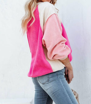 Pink Colorblock Pullover Fleece Top