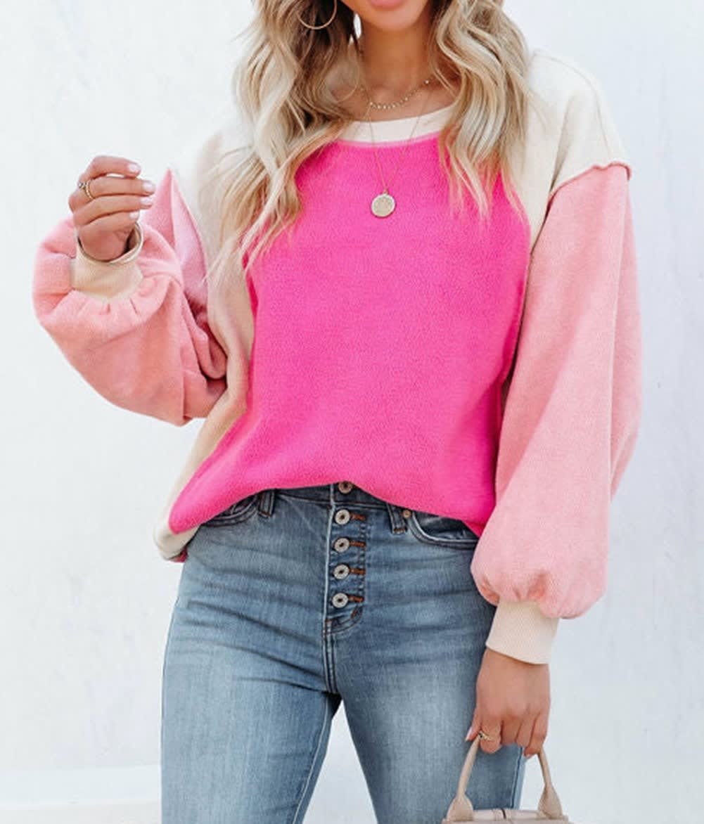 Pink Colorblock Pullover Fleece Top