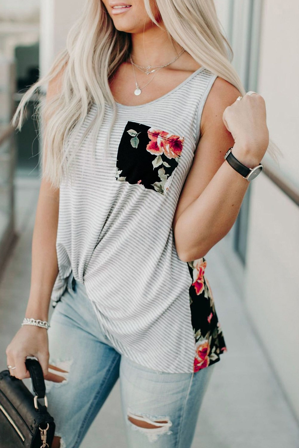 Stripe Floral Pocket Top