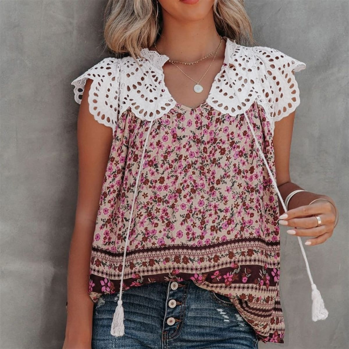 Floral Eyelet Tassel Top