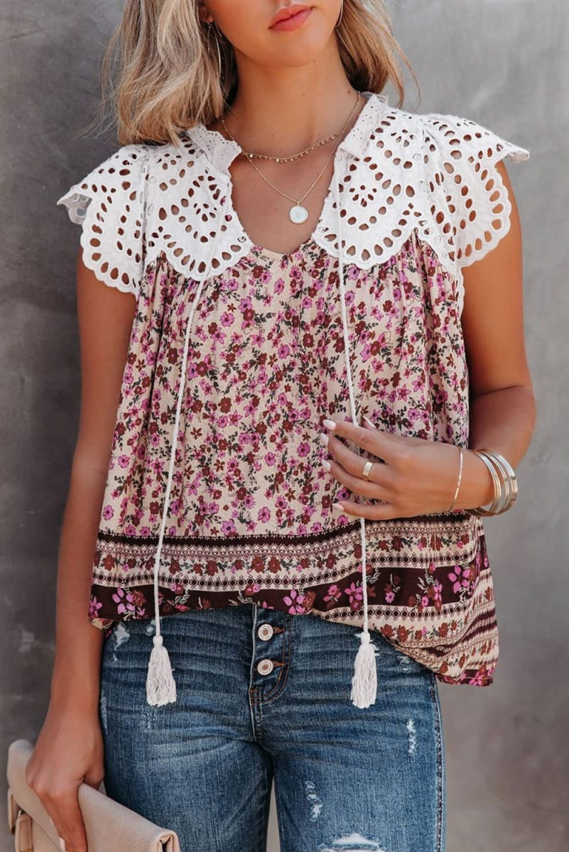 Floral Eyelet Tassel Top