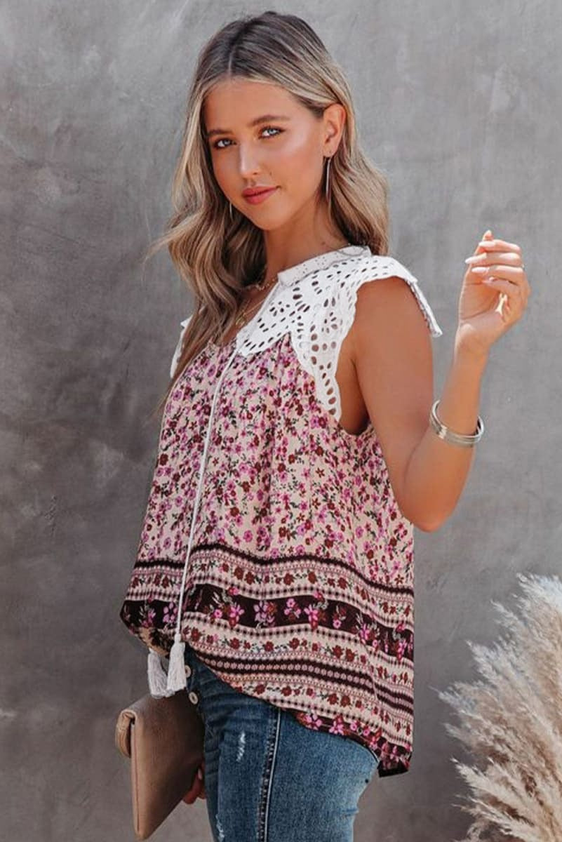 Floral Eyelet Tassel Top