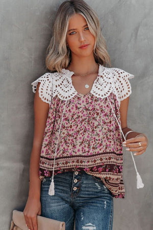 Floral Eyelet Tassel Top