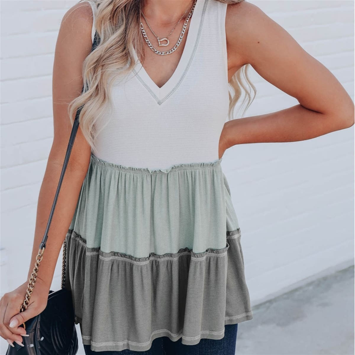 Green Tier Waffle V Sleeveless Top