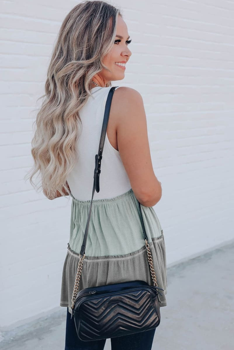 Green Tier Waffle V Sleeveless Top