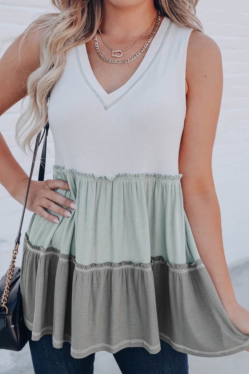 Green Tier Waffle V Sleeveless Top