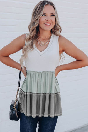 Green Tier Waffle V Sleeveless Top