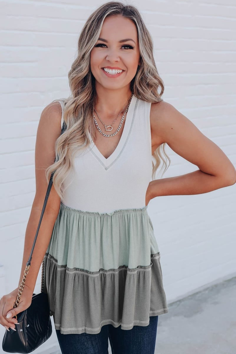 Green Tier Waffle V Sleeveless Top