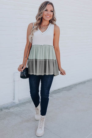 Green Tier Waffle V Sleeveless Top