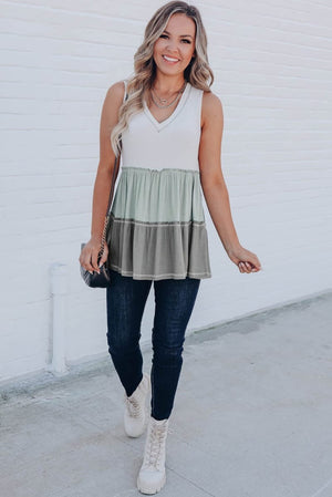 Green Tier Waffle V Sleeveless Top