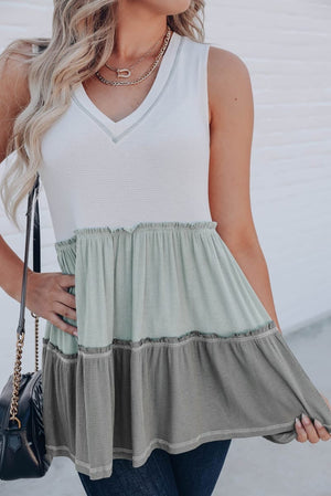 Green Tier Waffle V Sleeveless Top