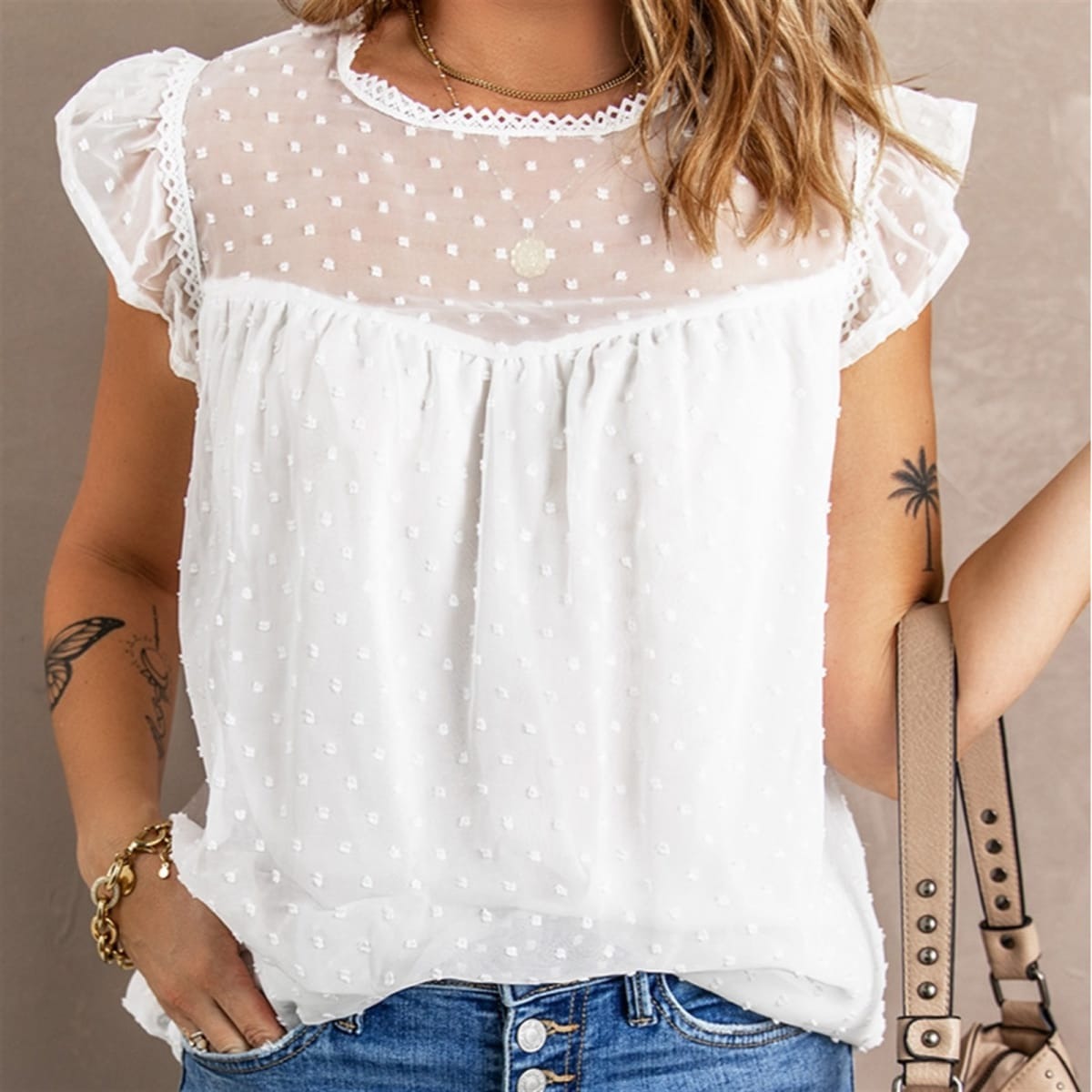 Swiss Dot Ruffled Sleeve Top