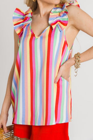 Colorful Striped Ruffled Shoulder V Neck Top