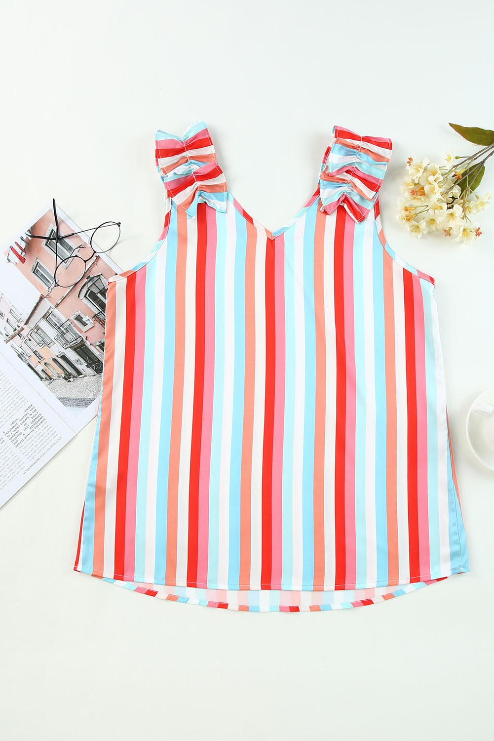 Colorful Striped Ruffled Shoulder V Neck Top