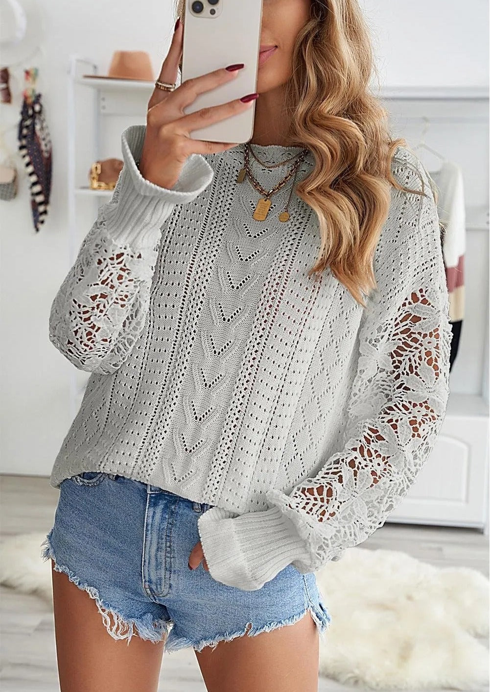 Crochet Lace Knit Sweater Top