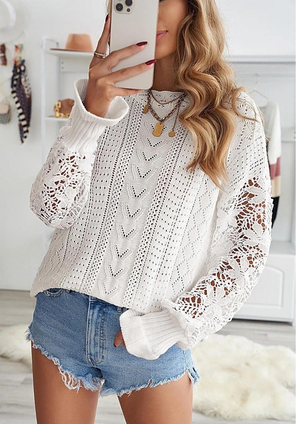 Crochet Lace Knit Sweater Top