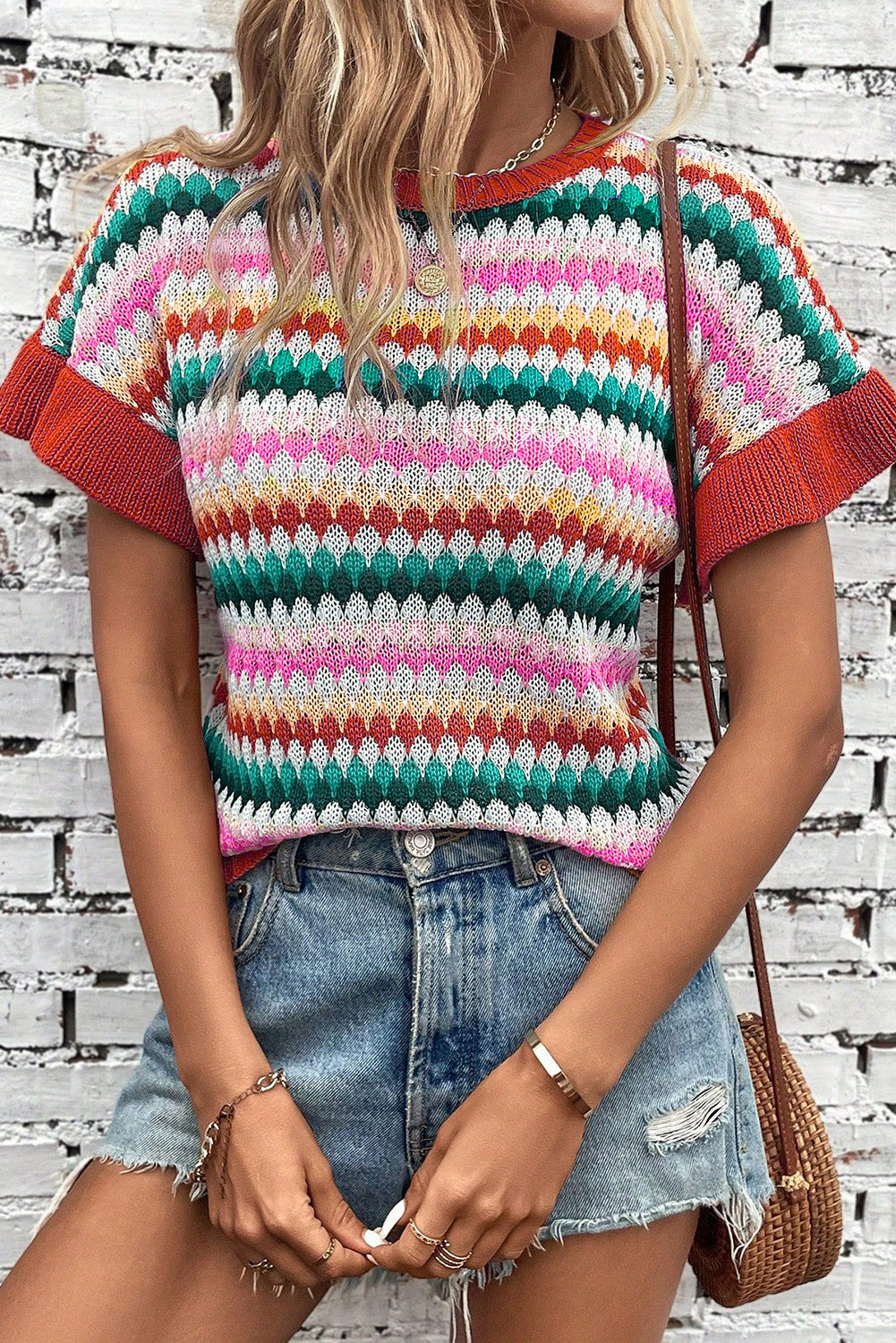 Textured Knit Colorful Short Wide Sleeves Sweater Top